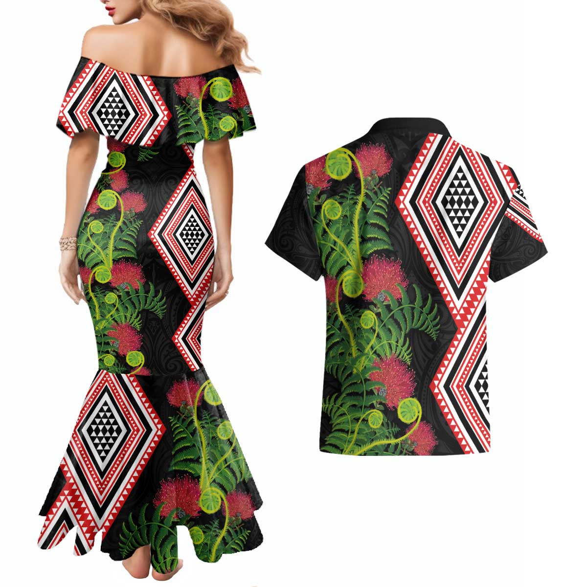 Aotearoa Tukutuku Motif Couples Matching Mermaid Dress and Hawaiian Shirt Pohutukawa and Fern Leaves LT03 - Polynesian Pride