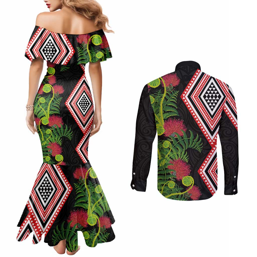 Aotearoa Tukutuku Motif Couples Matching Mermaid Dress and Long Sleeve Button Shirt Pohutukawa and Fern Leaves LT03 - Polynesian Pride