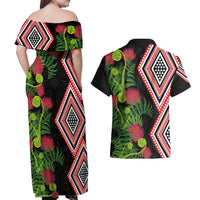 Aotearoa Tukutuku Motif Couples Matching Off Shoulder Maxi Dress and Hawaiian Shirt Pohutukawa and Fern Leaves LT03 - Polynesian Pride