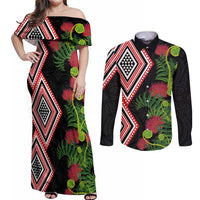 Aotearoa Tukutuku Motif Couples Matching Off Shoulder Maxi Dress and Long Sleeve Button Shirt Pohutukawa and Fern Leaves LT03 Black - Polynesian Pride