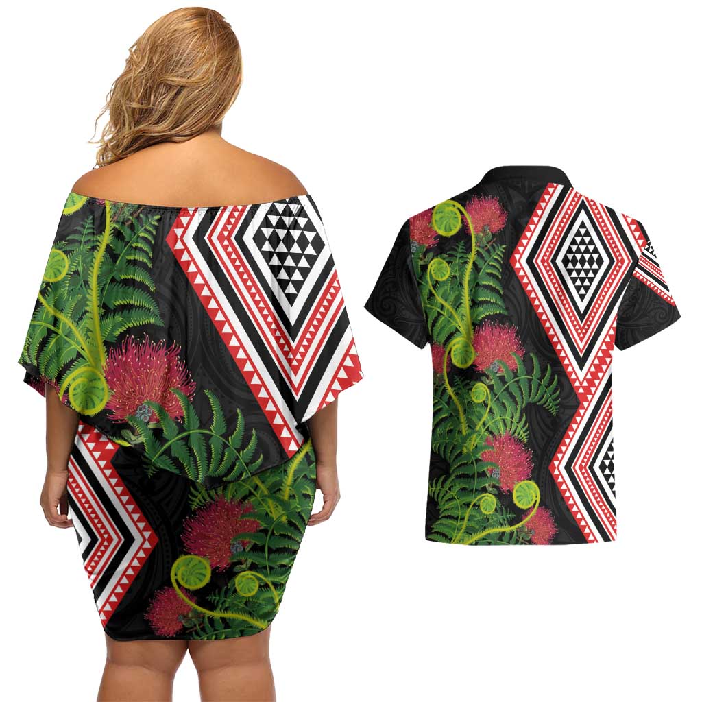 Aotearoa Tukutuku Motif Couples Matching Off Shoulder Short Dress and Hawaiian Shirt Pohutukawa and Fern Leaves LT03 - Polynesian Pride