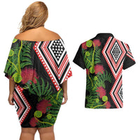 Aotearoa Tukutuku Motif Couples Matching Off Shoulder Short Dress and Hawaiian Shirt Pohutukawa and Fern Leaves LT03 - Polynesian Pride