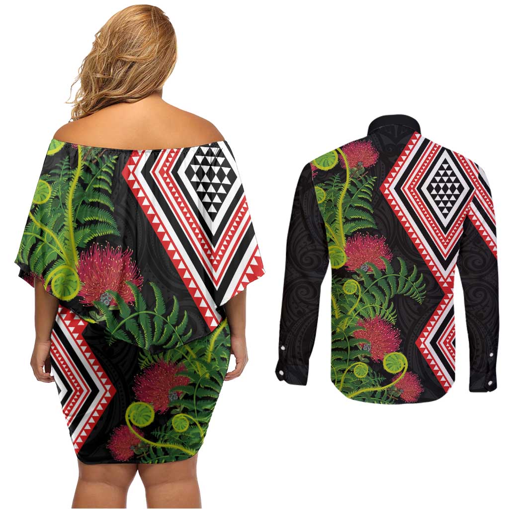 Aotearoa Tukutuku Motif Couples Matching Off Shoulder Short Dress and Long Sleeve Button Shirt Pohutukawa and Fern Leaves LT03 - Polynesian Pride