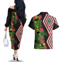 Aotearoa Tukutuku Motif Couples Matching Off The Shoulder Long Sleeve Dress and Hawaiian Shirt Pohutukawa and Fern Leaves LT03 - Polynesian Pride
