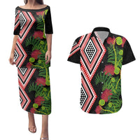 Aotearoa Tukutuku Motif Couples Matching Puletasi and Hawaiian Shirt Pohutukawa and Fern Leaves LT03 Black - Polynesian Pride