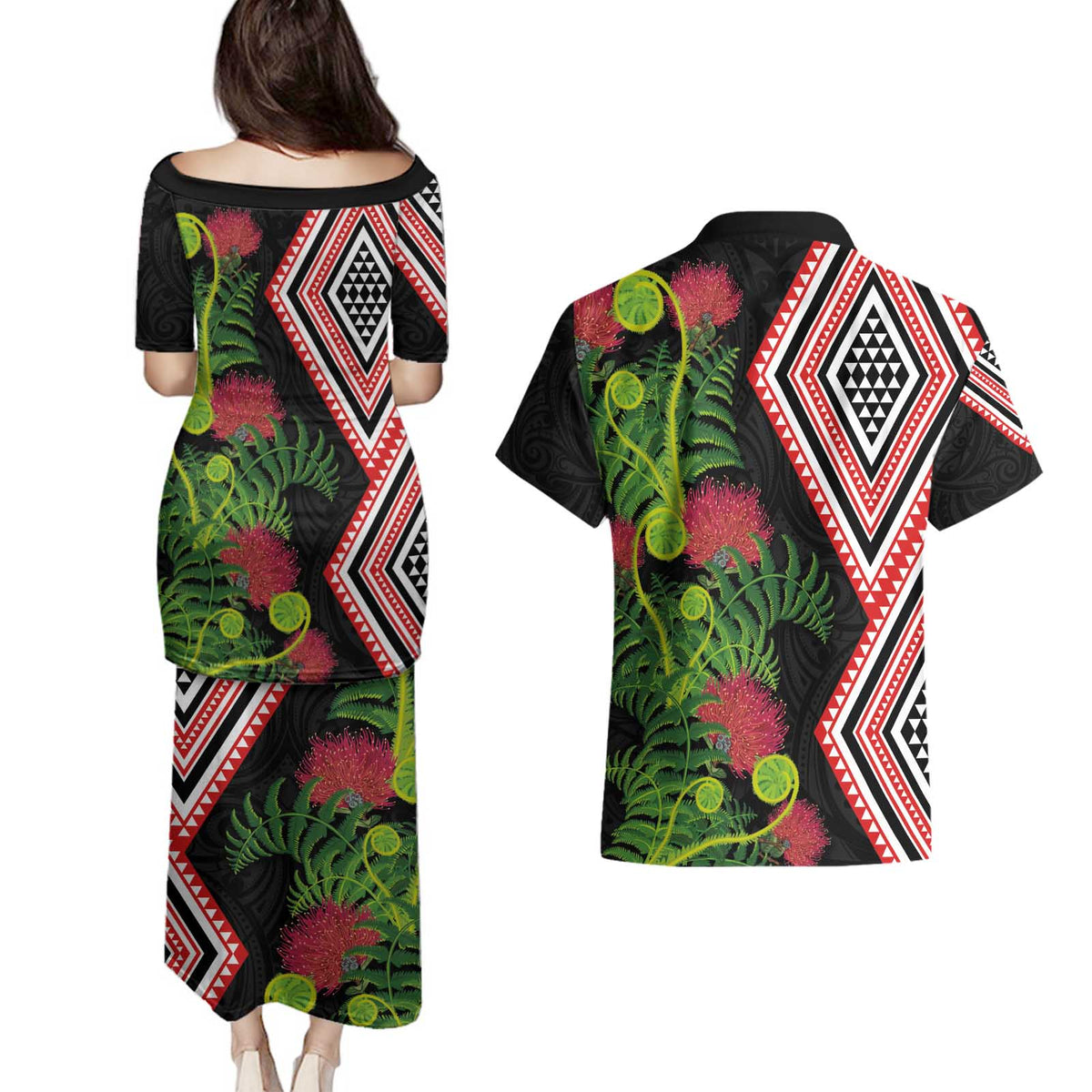 Aotearoa Tukutuku Motif Couples Matching Puletasi and Hawaiian Shirt Pohutukawa and Fern Leaves LT03 - Polynesian Pride