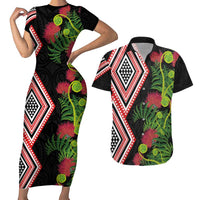Aotearoa Tukutuku Motif Couples Matching Short Sleeve Bodycon Dress and Hawaiian Shirt Pohutukawa and Fern Leaves LT03 Black - Polynesian Pride