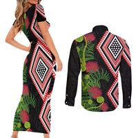 Aotearoa Tukutuku Motif Couples Matching Short Sleeve Bodycon Dress and Long Sleeve Button Shirt Pohutukawa and Fern Leaves LT03 - Polynesian Pride
