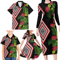 Aotearoa Tukutuku Motif Family Matching Long Sleeve Bodycon Dress and Hawaiian Shirt Pohutukawa and Fern Leaves LT03 - Polynesian Pride
