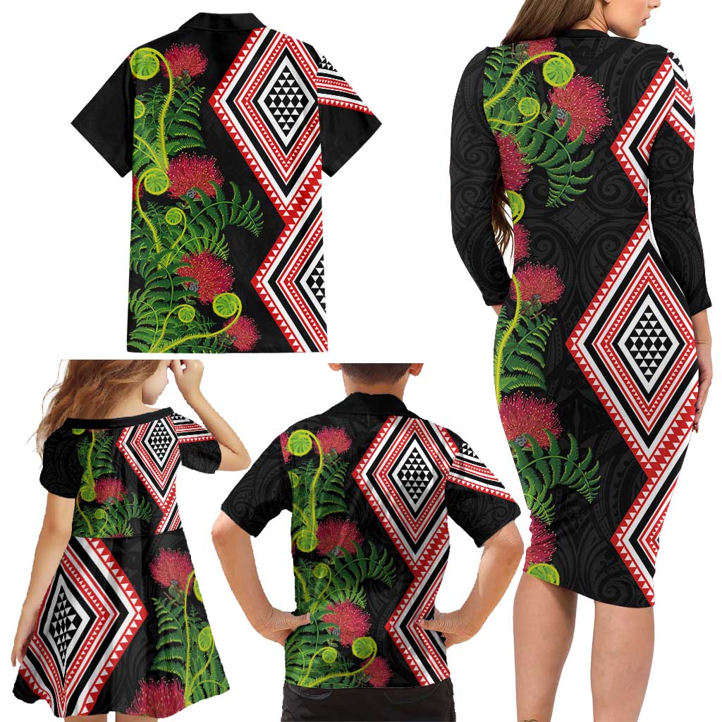 Aotearoa Tukutuku Motif Family Matching Long Sleeve Bodycon Dress and Hawaiian Shirt Pohutukawa and Fern Leaves LT03 - Polynesian Pride