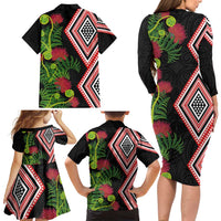Aotearoa Tukutuku Motif Family Matching Long Sleeve Bodycon Dress and Hawaiian Shirt Pohutukawa and Fern Leaves LT03 - Polynesian Pride
