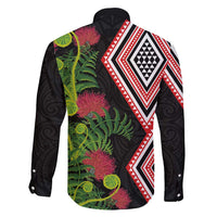Aotearoa Tukutuku Motif Family Matching Long Sleeve Bodycon Dress and Hawaiian Shirt Pohutukawa and Fern Leaves LT03 - Polynesian Pride