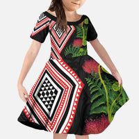 Aotearoa Tukutuku Motif Family Matching Mermaid Dress and Hawaiian Shirt Pohutukawa and Fern Leaves LT03 Daughter's Dress Black - Polynesian Pride