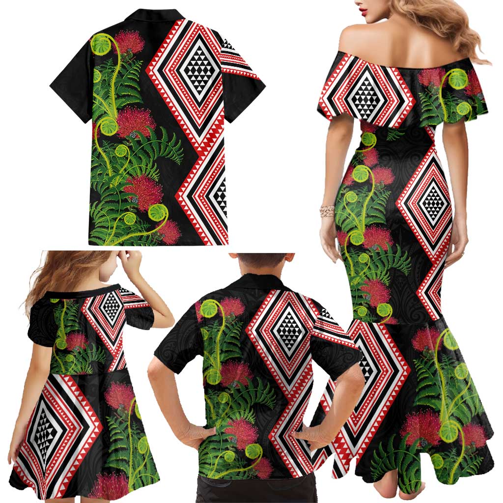 Aotearoa Tukutuku Motif Family Matching Mermaid Dress and Hawaiian Shirt Pohutukawa and Fern Leaves LT03 - Polynesian Pride