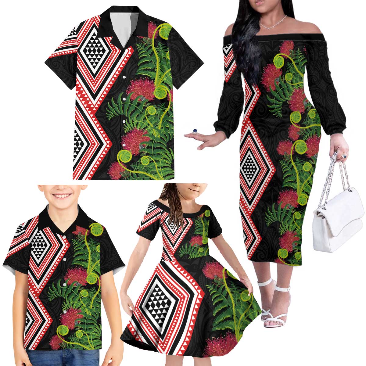 Aotearoa Tukutuku Motif Family Matching Off The Shoulder Long Sleeve Dress and Hawaiian Shirt Pohutukawa and Fern Leaves LT03 - Polynesian Pride
