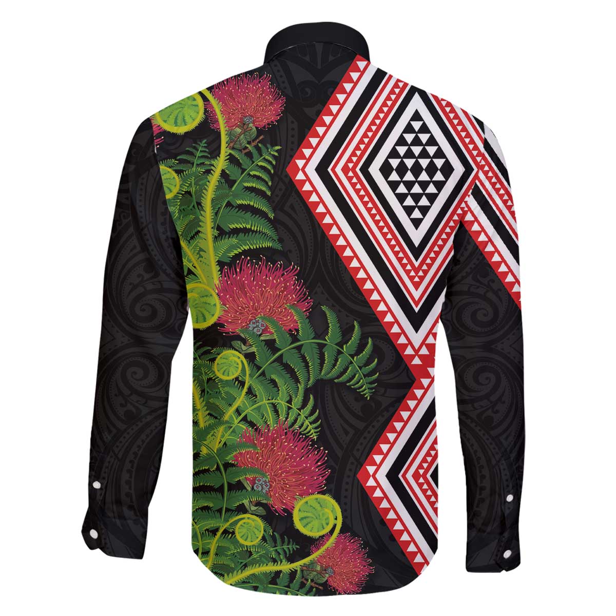 Aotearoa Tukutuku Motif Family Matching Off The Shoulder Long Sleeve Dress and Hawaiian Shirt Pohutukawa and Fern Leaves LT03 - Polynesian Pride