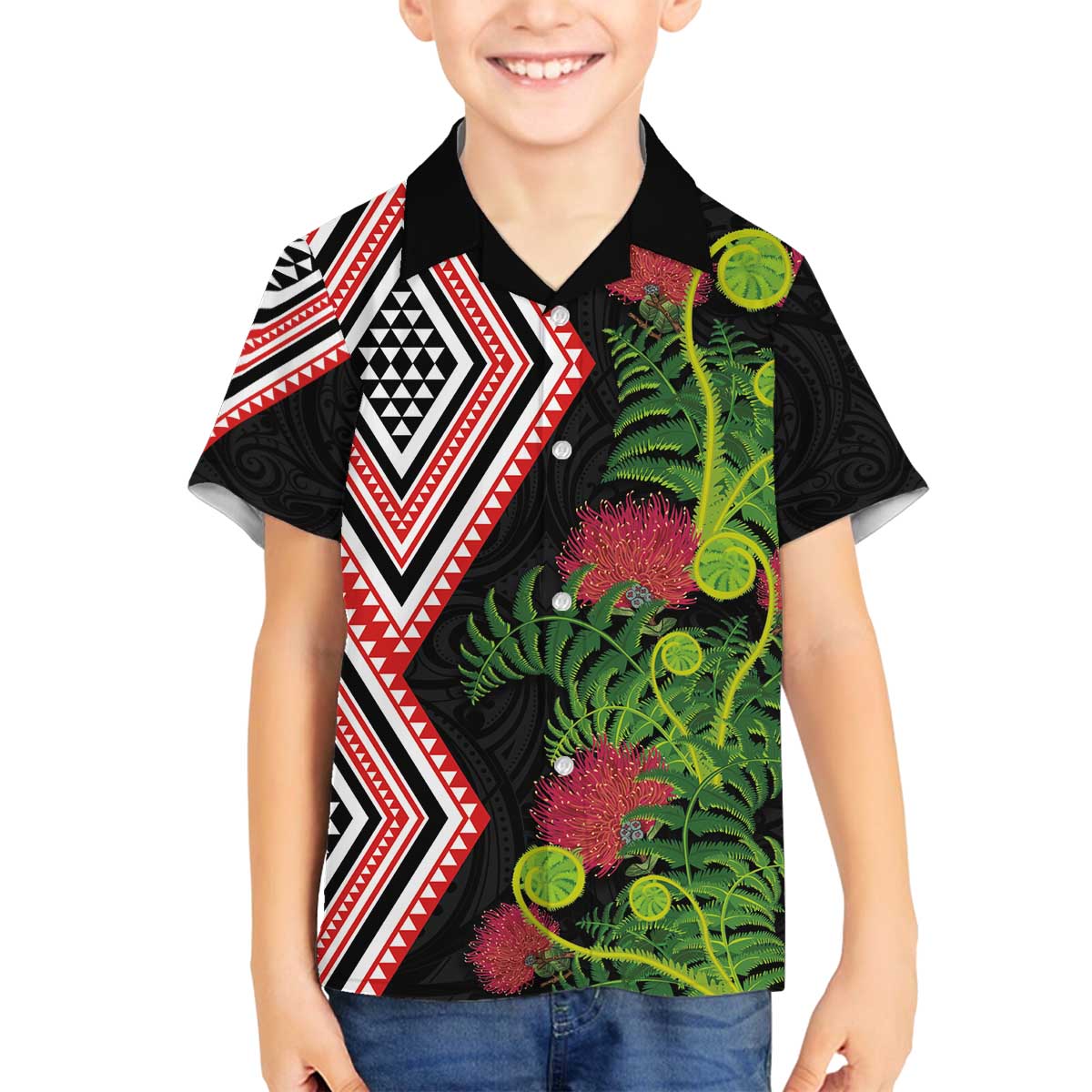 Aotearoa Tukutuku Motif Family Matching Off The Shoulder Long Sleeve Dress and Hawaiian Shirt Pohutukawa and Fern Leaves LT03 Son's Shirt Black - Polynesian Pride