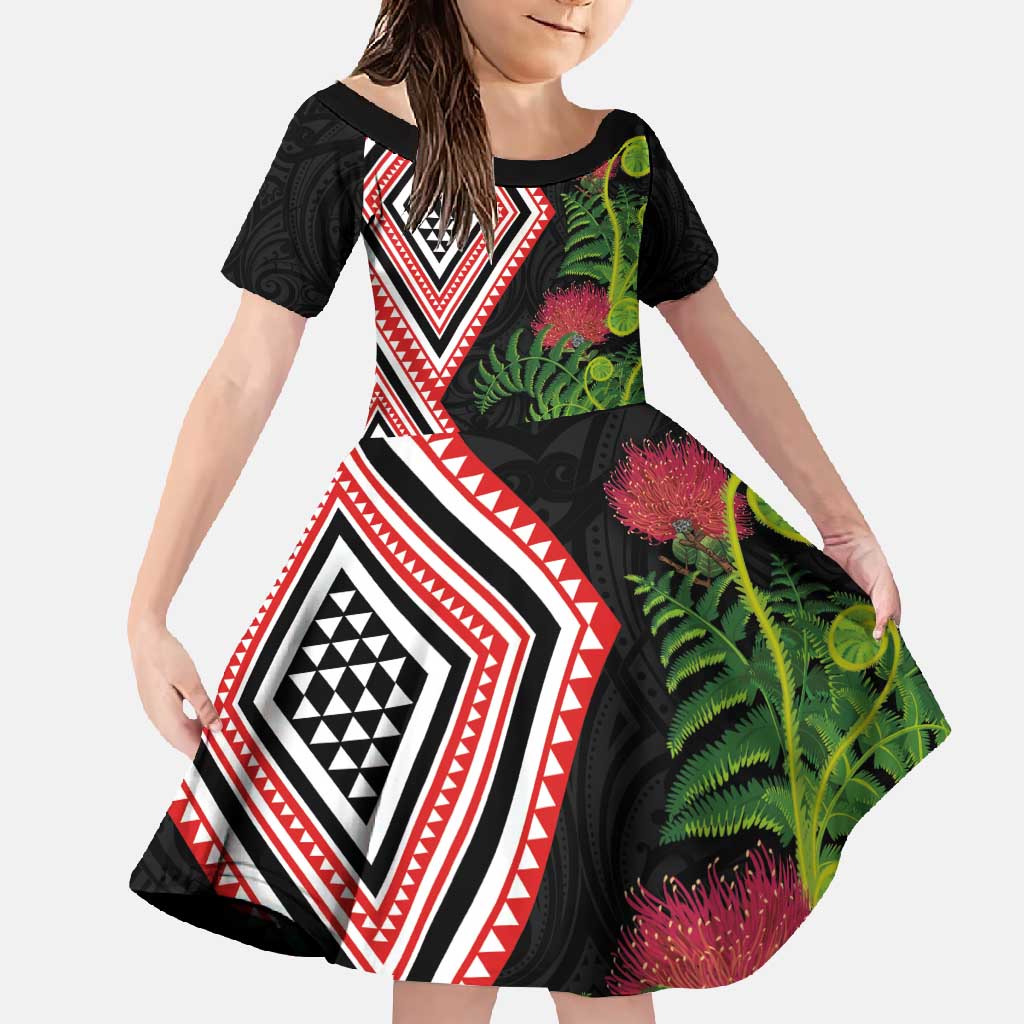 Aotearoa Tukutuku Motif Family Matching Off Shoulder Maxi Dress and Hawaiian Shirt Pohutukawa and Fern Leaves LT03 Daughter's Dress Black - Polynesian Pride