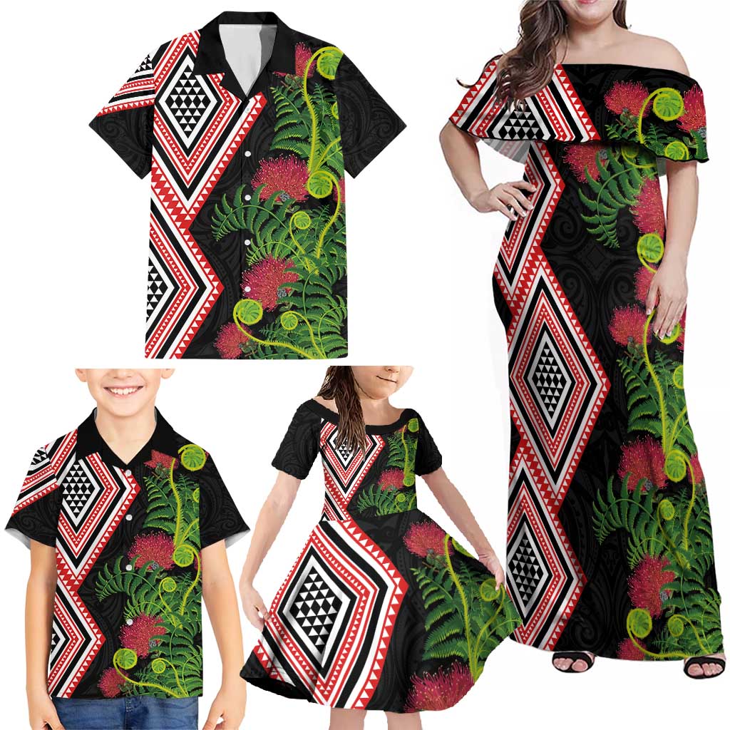 Aotearoa Tukutuku Motif Family Matching Off Shoulder Maxi Dress and Hawaiian Shirt Pohutukawa and Fern Leaves LT03 - Polynesian Pride