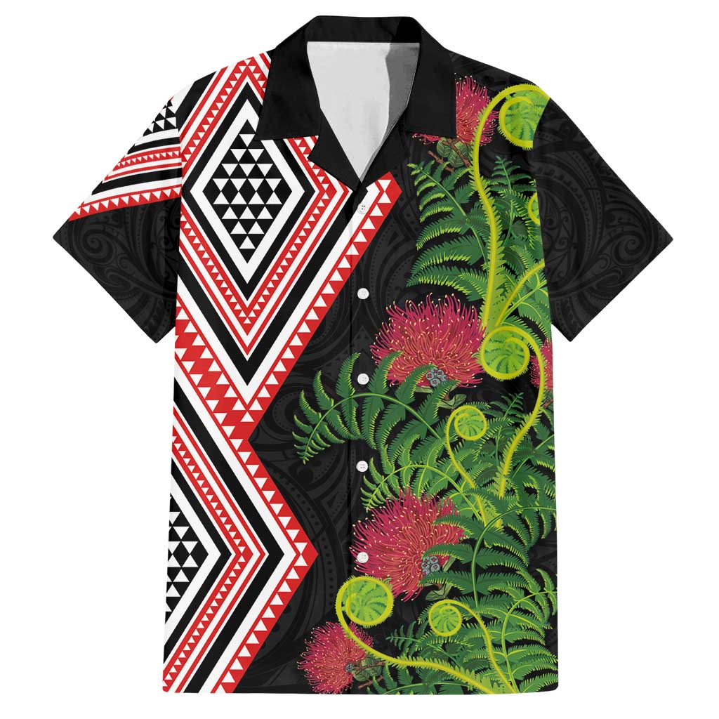 Aotearoa Tukutuku Motif Family Matching Off Shoulder Maxi Dress and Hawaiian Shirt Pohutukawa and Fern Leaves LT03 Dad's Shirt - Short Sleeve Black - Polynesian Pride