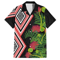 Aotearoa Tukutuku Motif Family Matching Off Shoulder Maxi Dress and Hawaiian Shirt Pohutukawa and Fern Leaves LT03 Dad's Shirt - Short Sleeve Black - Polynesian Pride