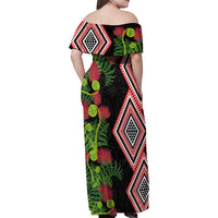 Aotearoa Tukutuku Motif Family Matching Off Shoulder Maxi Dress and Hawaiian Shirt Pohutukawa and Fern Leaves LT03 - Polynesian Pride