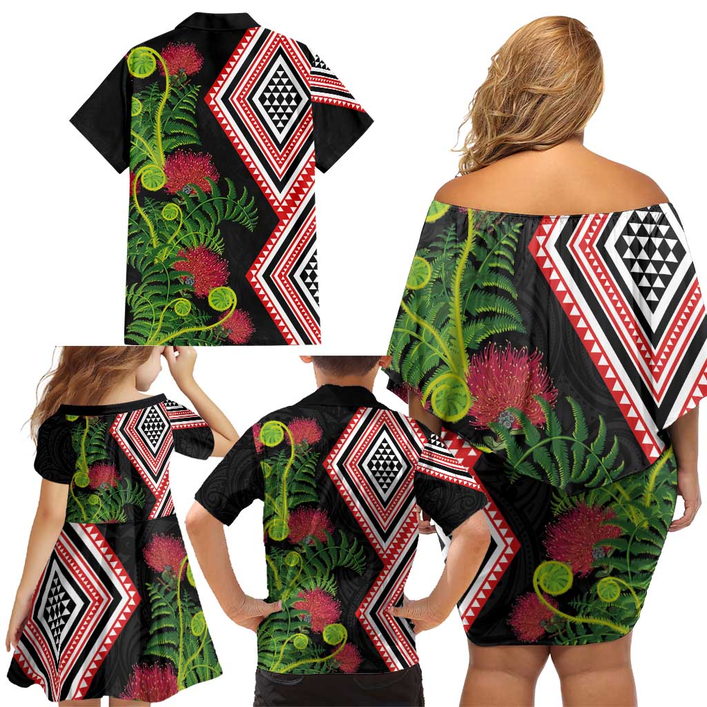 Aotearoa Tukutuku Motif Family Matching Off Shoulder Short Dress and Hawaiian Shirt Pohutukawa and Fern Leaves LT03 - Polynesian Pride