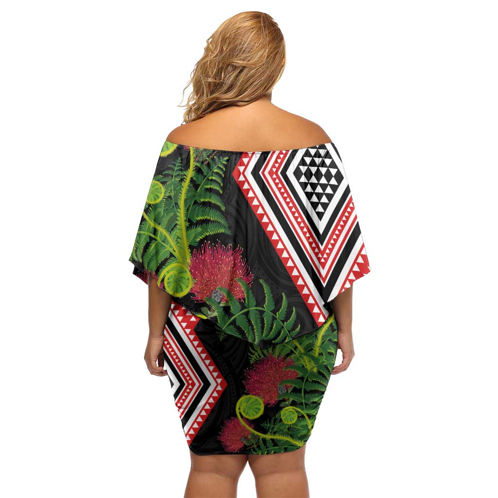 Aotearoa Tukutuku Motif Family Matching Off Shoulder Short Dress and Hawaiian Shirt Pohutukawa and Fern Leaves LT03 - Polynesian Pride