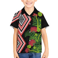 Aotearoa Tukutuku Motif Family Matching Off Shoulder Short Dress and Hawaiian Shirt Pohutukawa and Fern Leaves LT03 Son's Shirt Black - Polynesian Pride