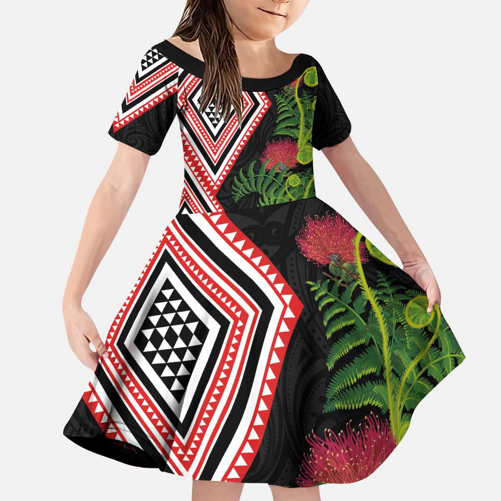 Aotearoa Tukutuku Motif Family Matching Puletasi and Hawaiian Shirt Pohutukawa and Fern Leaves LT03 Daughter's Dress Black - Polynesian Pride