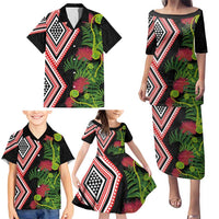 Aotearoa Tukutuku Motif Family Matching Puletasi and Hawaiian Shirt Pohutukawa and Fern Leaves LT03 - Polynesian Pride