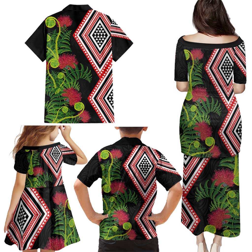 Aotearoa Tukutuku Motif Family Matching Puletasi and Hawaiian Shirt Pohutukawa and Fern Leaves LT03 - Polynesian Pride
