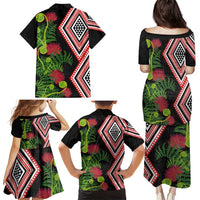 Aotearoa Tukutuku Motif Family Matching Puletasi and Hawaiian Shirt Pohutukawa and Fern Leaves LT03 - Polynesian Pride