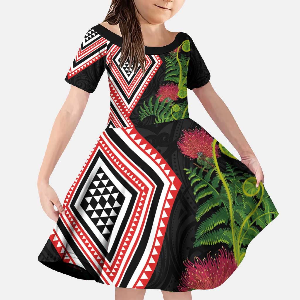 Aotearoa Tukutuku Motif Family Matching Short Sleeve Bodycon Dress and Hawaiian Shirt Pohutukawa and Fern Leaves LT03 Daughter's Dress Black - Polynesian Pride