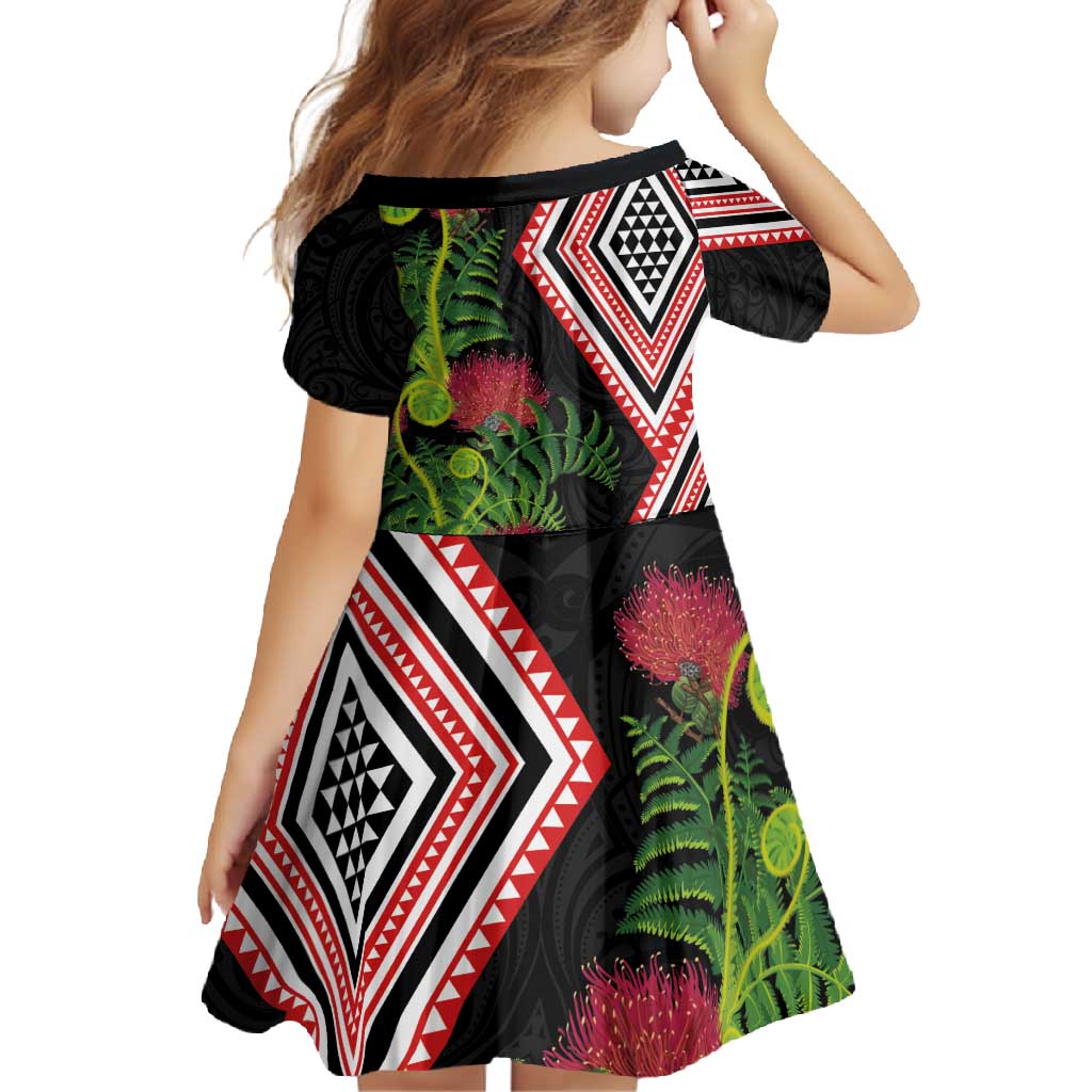 Aotearoa Tukutuku Motif Family Matching Short Sleeve Bodycon Dress and Hawaiian Shirt Pohutukawa and Fern Leaves LT03 - Polynesian Pride