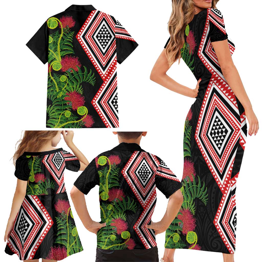 Aotearoa Tukutuku Motif Family Matching Short Sleeve Bodycon Dress and Hawaiian Shirt Pohutukawa and Fern Leaves LT03 - Polynesian Pride