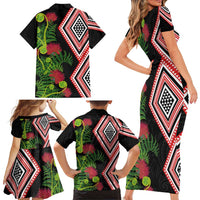 Aotearoa Tukutuku Motif Family Matching Short Sleeve Bodycon Dress and Hawaiian Shirt Pohutukawa and Fern Leaves LT03 - Polynesian Pride