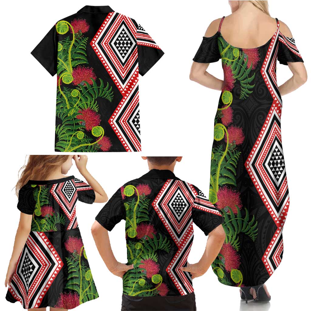 Aotearoa Tukutuku Motif Family Matching Summer Maxi Dress and Hawaiian Shirt Pohutukawa and Fern Leaves LT03 - Polynesian Pride