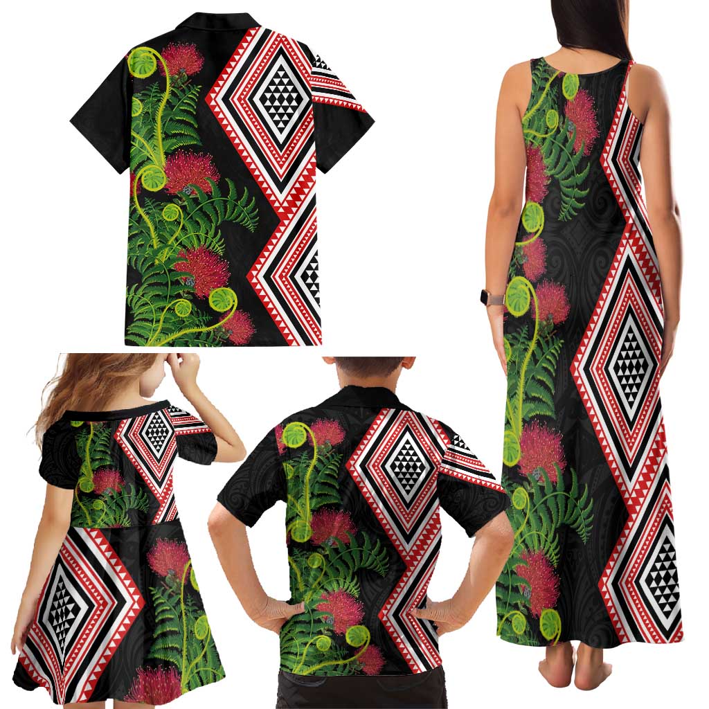 Aotearoa Tukutuku Motif Family Matching Tank Maxi Dress and Hawaiian Shirt Pohutukawa and Fern Leaves LT03 - Polynesian Pride