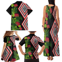 Aotearoa Tukutuku Motif Family Matching Tank Maxi Dress and Hawaiian Shirt Pohutukawa and Fern Leaves LT03 - Polynesian Pride