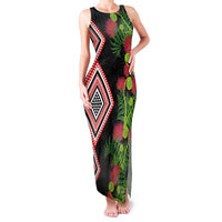 Aotearoa Tukutuku Motif Family Matching Tank Maxi Dress and Hawaiian Shirt Pohutukawa and Fern Leaves LT03 Mom's Dress Black - Polynesian Pride