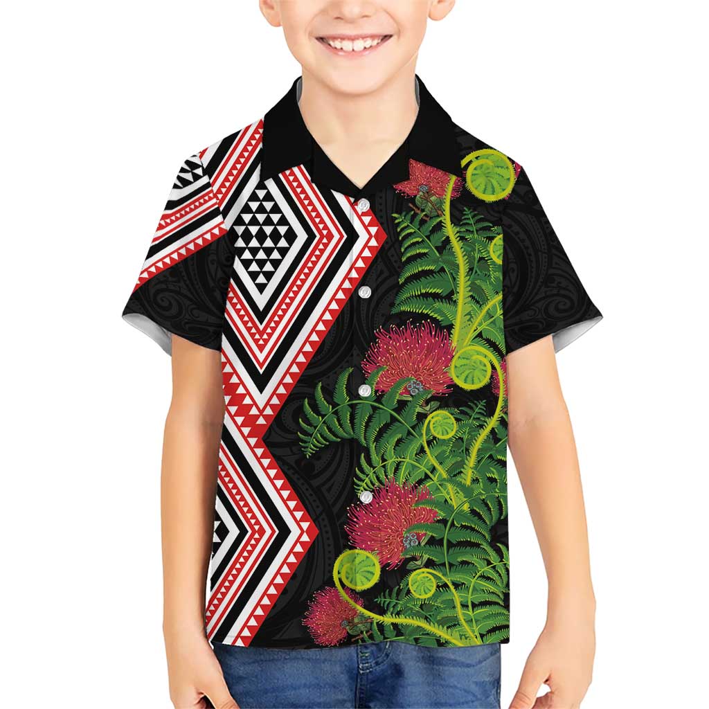 Aotearoa Tukutuku Motif Kid Hawaiian Shirt Pohutukawa and Fern Leaves LT03 Kid Black - Polynesian Pride