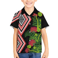 Aotearoa Tukutuku Motif Kid Hawaiian Shirt Pohutukawa and Fern Leaves LT03 Kid Black - Polynesian Pride