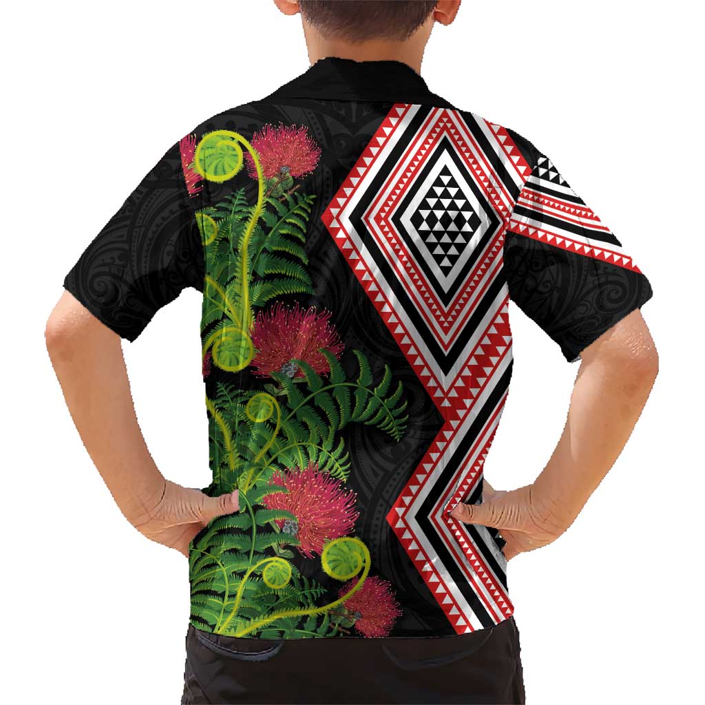 Aotearoa Tukutuku Motif Kid Hawaiian Shirt Pohutukawa and Fern Leaves LT03 - Polynesian Pride