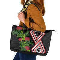 Aotearoa Tukutuku Motif Leather Tote Bag Pohutukawa and Fern Leaves