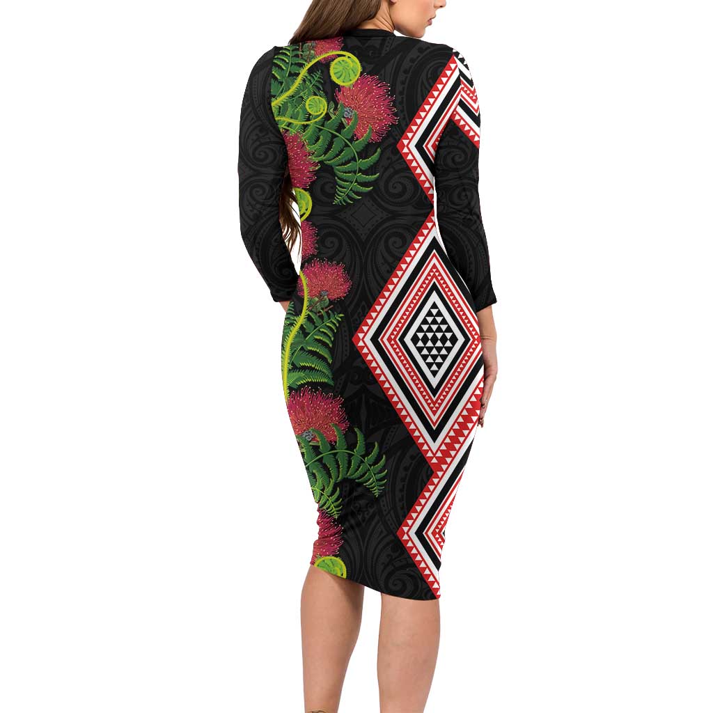 Aotearoa Tukutuku Motif Long Sleeve Bodycon Dress Pohutukawa and Fern Leaves LT03 - Polynesian Pride
