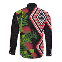 Aotearoa Tukutuku Motif Long Sleeve Button Shirt Pohutukawa and Fern Leaves
