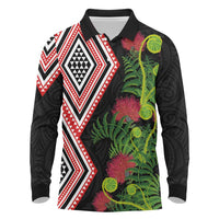 Aotearoa Tukutuku Motif Long Sleeve Polo Shirt Pohutukawa and Fern Leaves