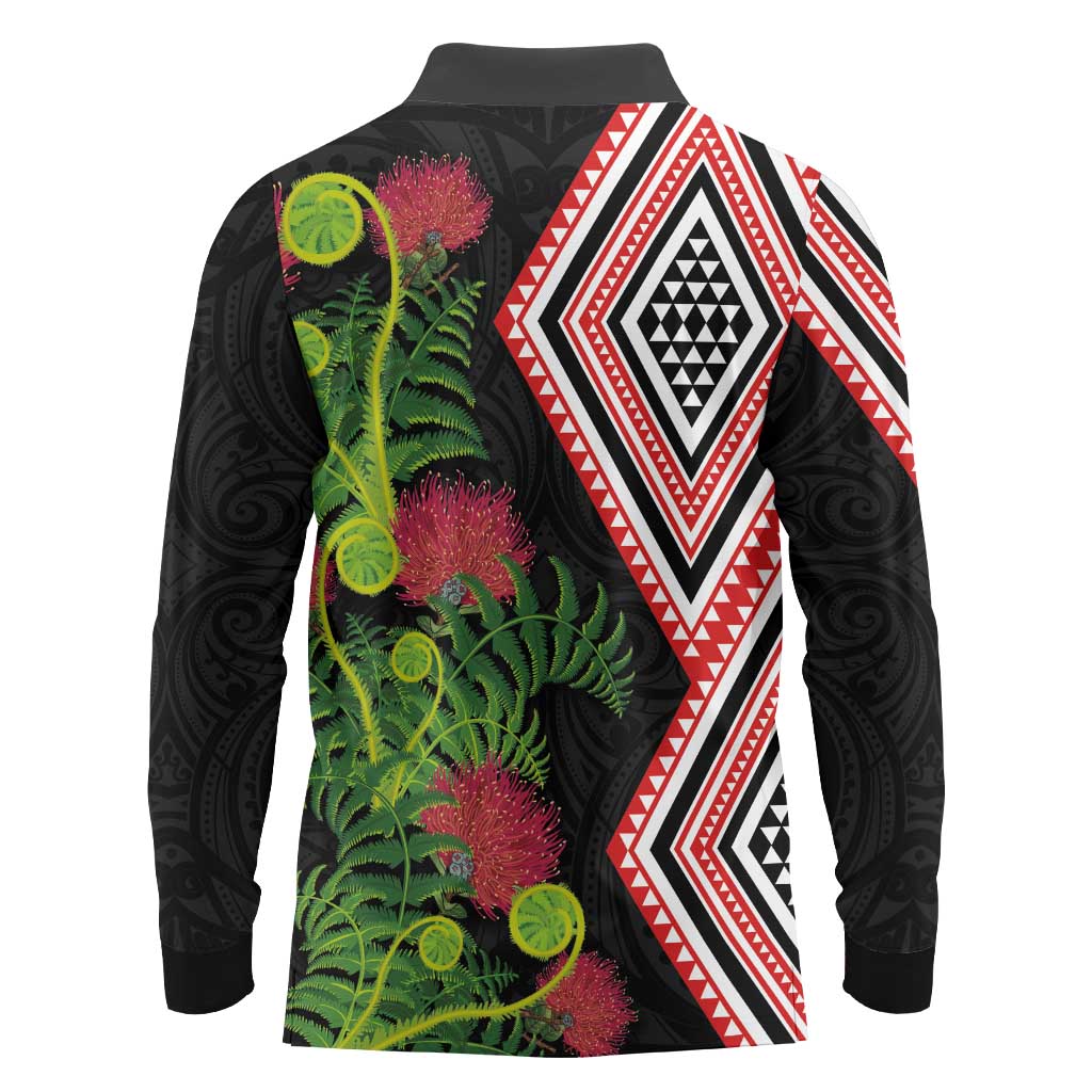 Aotearoa Tukutuku Motif Long Sleeve Polo Shirt Pohutukawa and Fern Leaves
