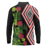 Aotearoa Tukutuku Motif Long Sleeve Polo Shirt Pohutukawa and Fern Leaves